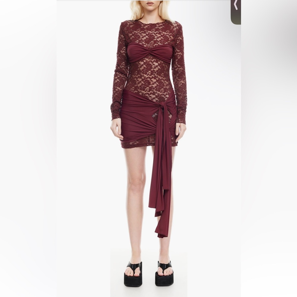 Lioness Burgundy Lace Long-Sleeve Mini Dress